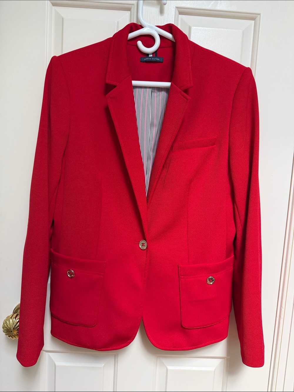 Tommy Hilfiger sz L Red blazer jacket w red elbow patches - gold logo buttons